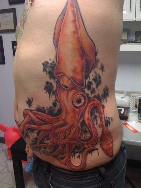 Left Rib Side Squid Tattoo For Men