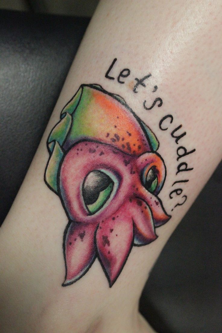 Lets Cuddle Cute Squid Tattoo On Leg