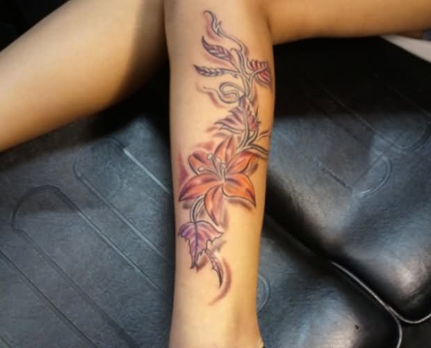 Lily Flower Tattoo Design For Leg Calf