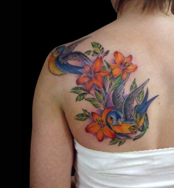 Lily Flowers And Sparrow Tattoos On Left Back Shoulder