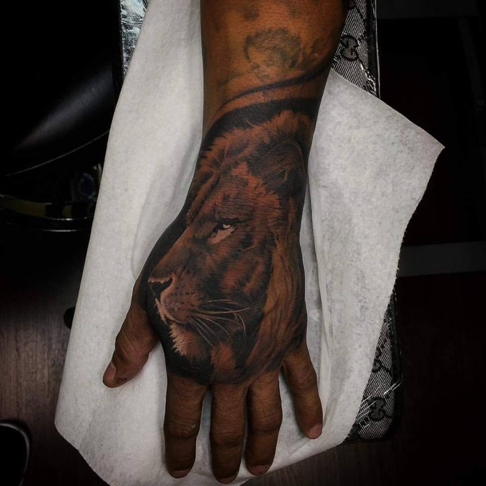 Lion Head Tattoo On Left Hand by AB Martinez