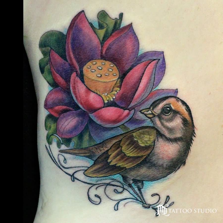 Lotus Flower And Sparrow Tattoo