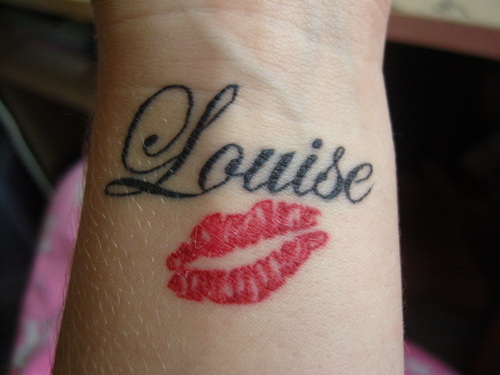 Louise Name With Lip Print Tattoo Design For Wrist