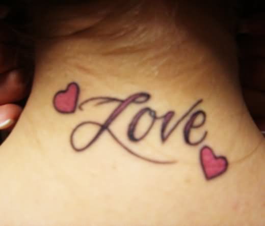 Love - Pink Hearts Tattoo On Back Neck