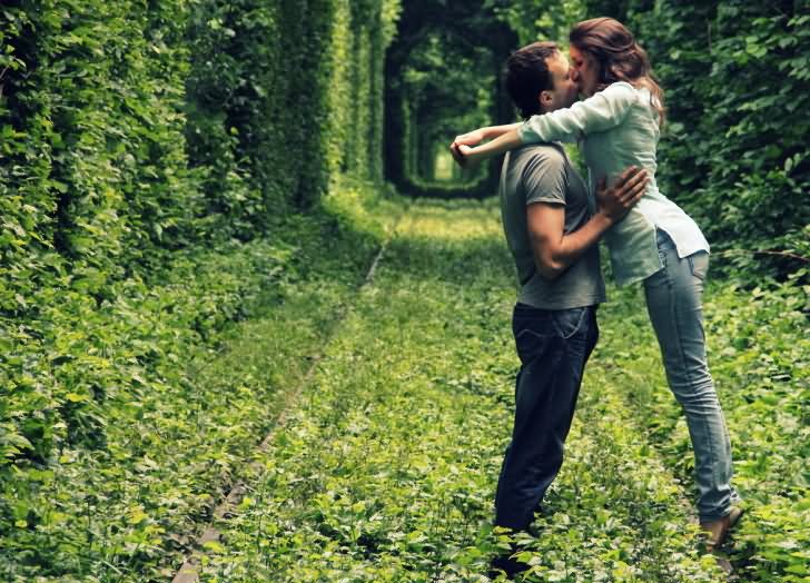 Loving Couple Kissing At The Tunnel Of Love In Klevan, Ukraine
