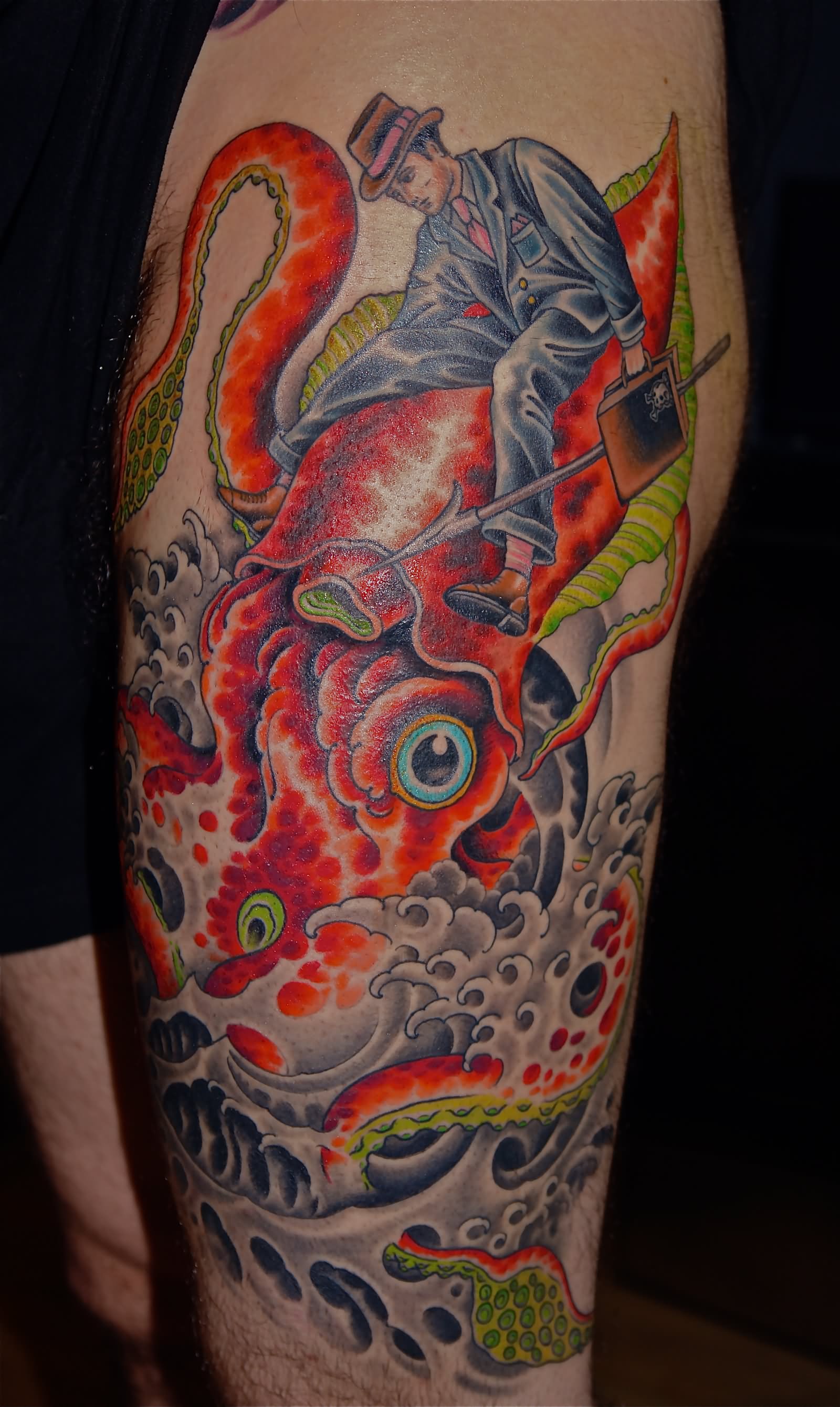 Man Riding Squid Tattoo On Left Leg Sleeve