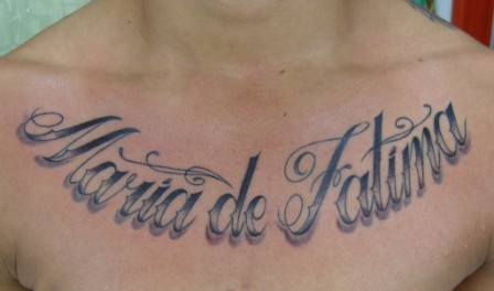 Maria De Fatima Name Tattoo On Man Chest
