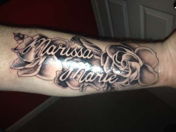 Marissa Marie Name With Roses Tattoo Design For Sleeve.
