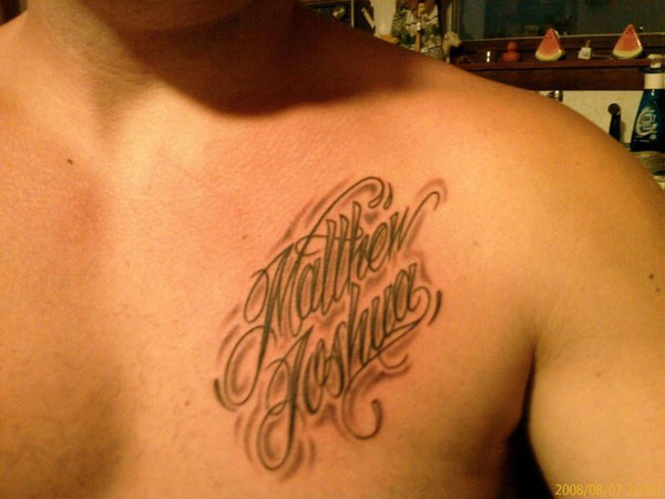 Matthew Joshua Name Tattoo On Man Chest