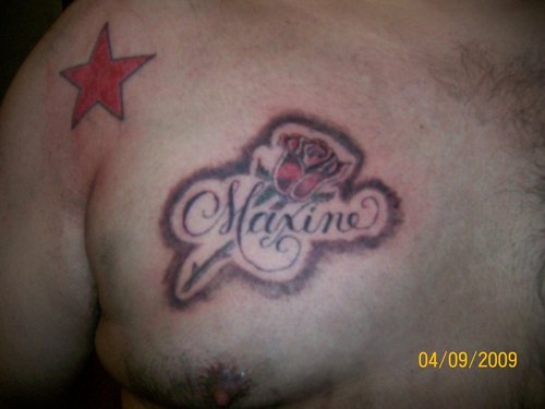 Maxine Name With Rose Tattoo On Man Right Chest