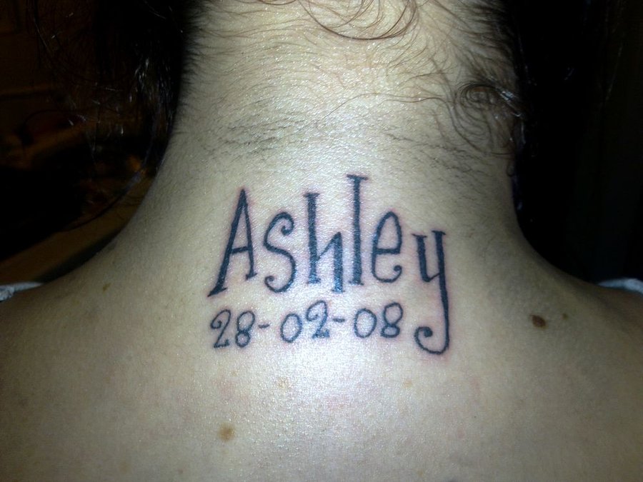 Memorial Ashley Name Tattoo On Girl Back Neck