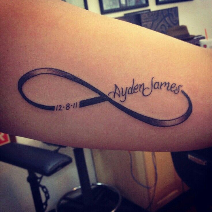 Memorial Ayden James Name With Infinity Tattoo Design For Forearm