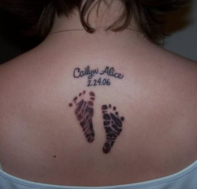 Memorial Cailyn Alice Name With Feet Print Tattoo On Back Neck