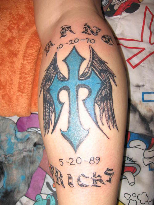 Memorial Cross With Wings Tattoo Design For leg Calf