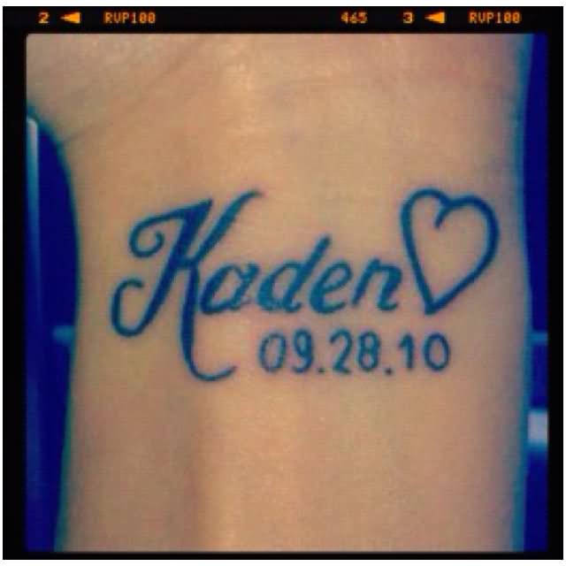 Memorial Kaden Name With Heart Tattoo Design For Wrist