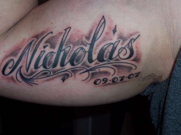 Memorial Nicholas Name Tattoo On Bicep