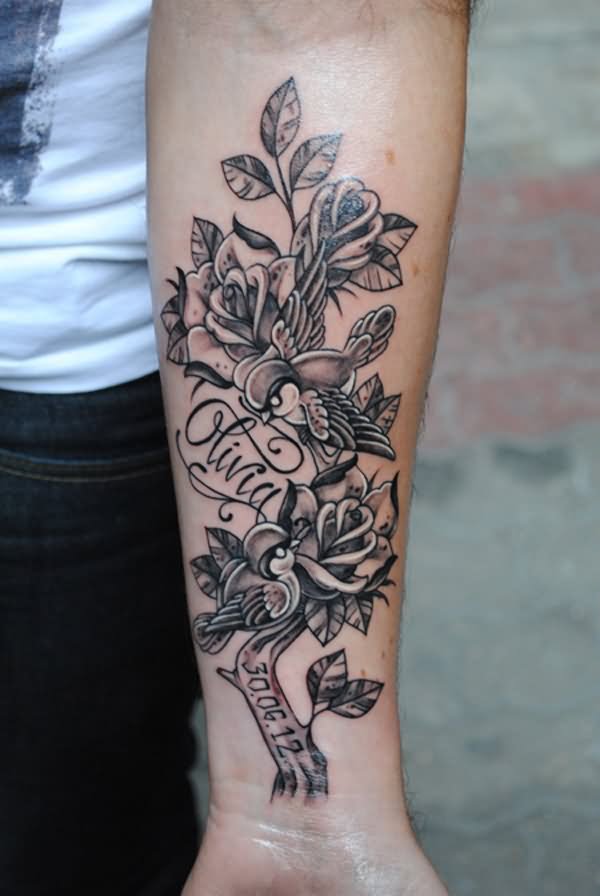 Memorial Olivia Baby Name With Roses Tattoo On Forearm