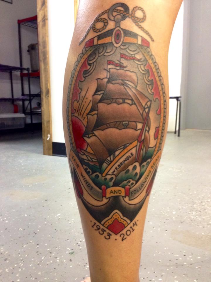Memorial Traditional Ship In Frame With Anchor Tattoo Design For Leg Calf