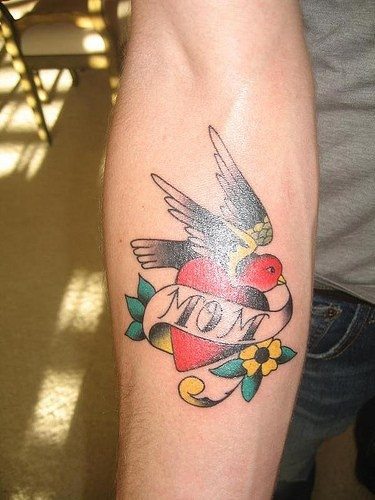 Mom Banner Red Heart And Sparrow Tattoo On Forearm
