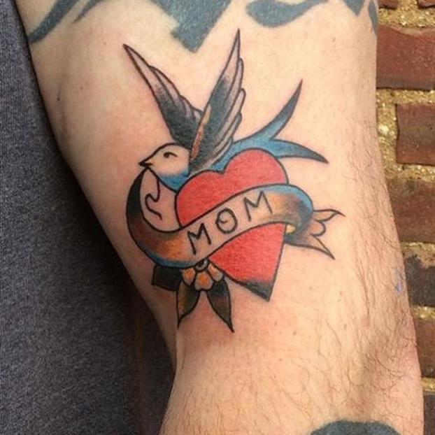 Mom Banner With Heart And Sparrow Tattoo