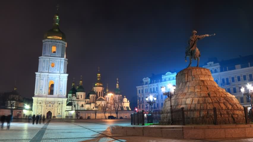 Monument To Bohdan Khmelnytsky And Saint Sophia Cathedral Bell Tower At Night