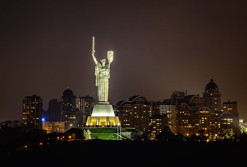 Mother Motherland Monument In Ukraine At Night