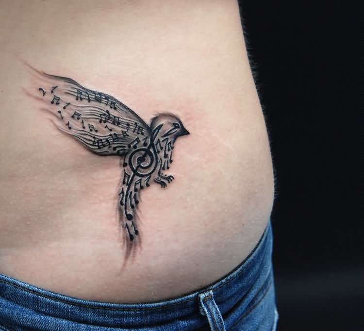 Music Notes Sparrow Tattoo On Waist
