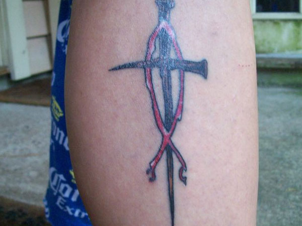 Nail Cross With Jesus Fish Tattoo Design For Leg Calf