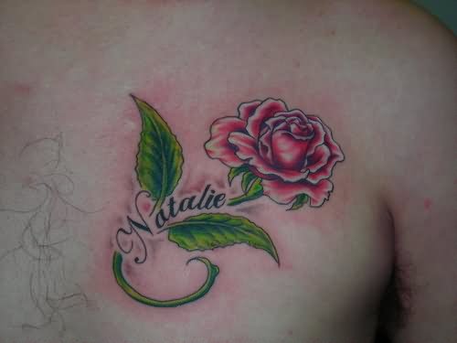 Natalie Name With Rose Tattoo On Man Chest