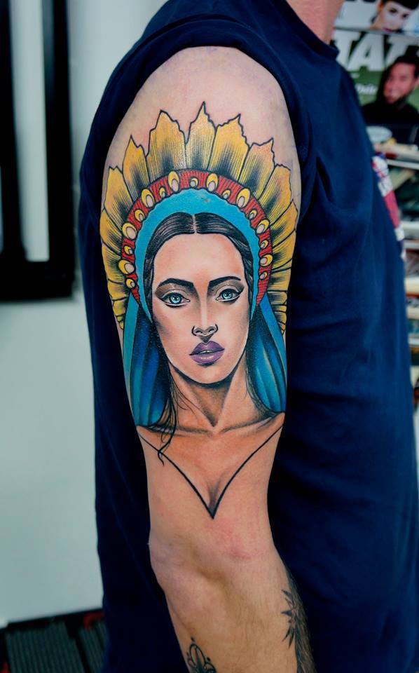 Native American Girl Tattoo On Right Half Sleeve