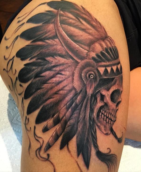 Native American Skull Tattoo On Right Thigh