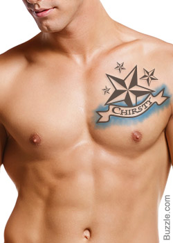Nautical Star With Chirsty Name Banner Tattoo On Man Chest