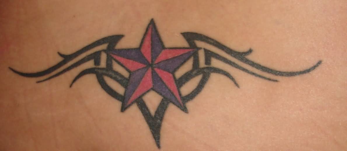 Nautical Star With Tribal Design Tattoo For Back