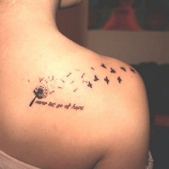 Never Let Go Of Hope - Black Dandelion Tattoo With Flying Birds Tattoo On Right Back Shoulder