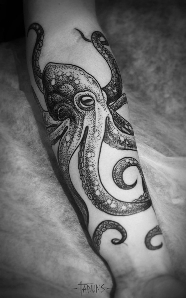 Nice Black And White Squid Tattoo On Forearm