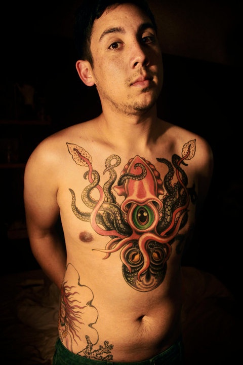 Octopus And One Eye Squid Tattoo On Chest
