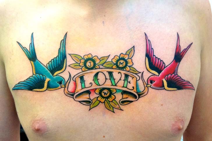 Old School Love Banner And Sparrow Tattoos On Chest