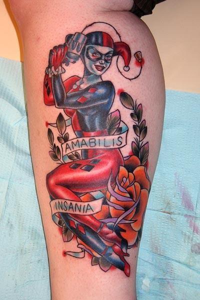 Orange Rose And Harley Quinn Tattoo On Leg by Dreamsofyouth