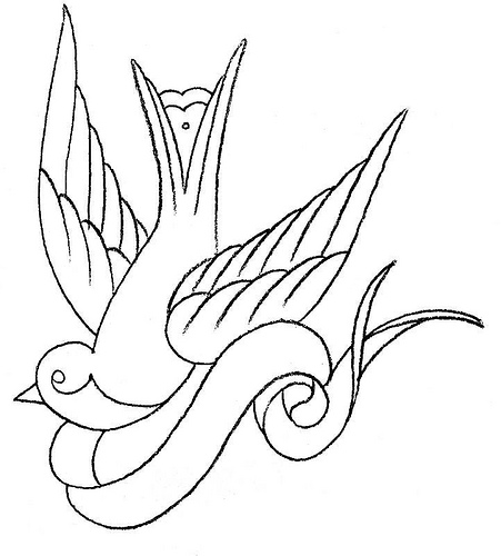 Outline Banner And Sparrow Tattoo Design