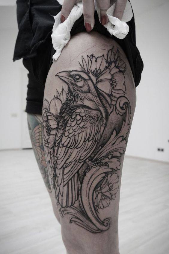 Outline Grey Crow Tattoo On Left Side Thigh