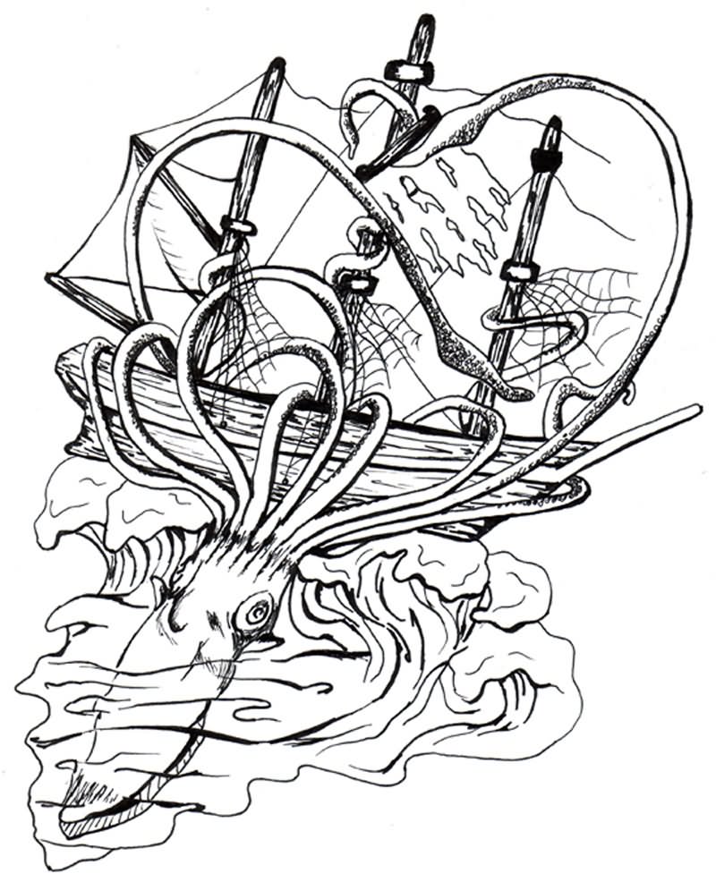 Outline Squid And Ship Tattoo Design