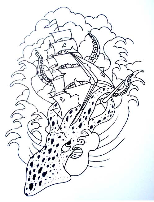 Outline Squid Ship Tattoo Flash