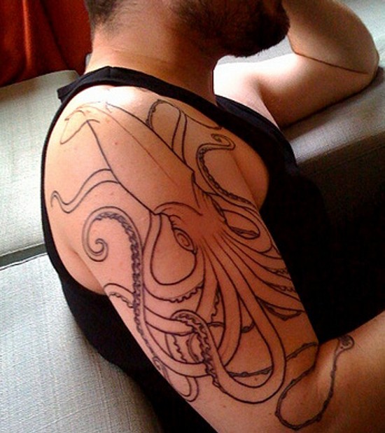 Outline Squid Tattoo On Man Right Arm