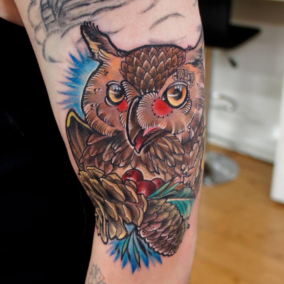 Owl Head Tattoo On Left Bicep