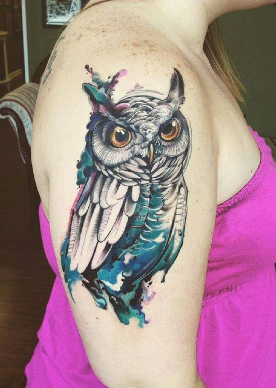 Owl Tattoo On Right Half Sleeve For Girls