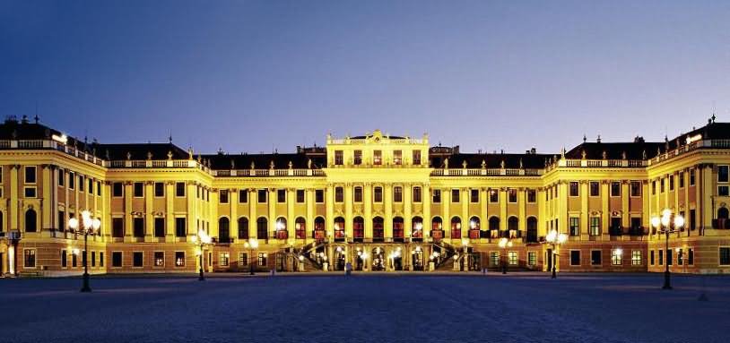 Panorama View Of Schonbrunn Palace Lit Up At Night