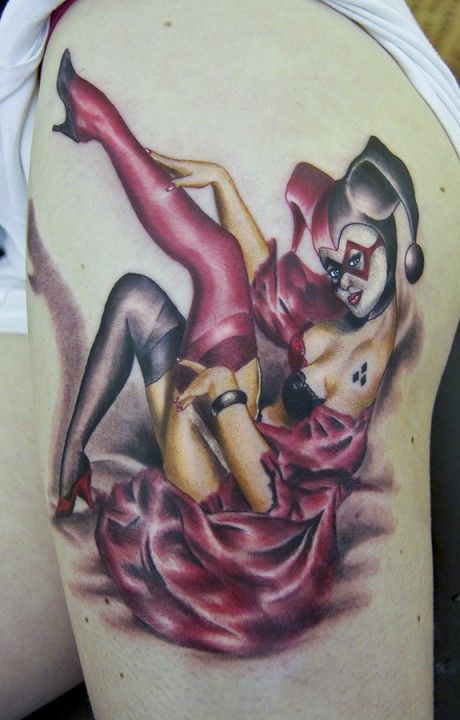 Pin Up Harley Quinn Tattoo On Left Thigh