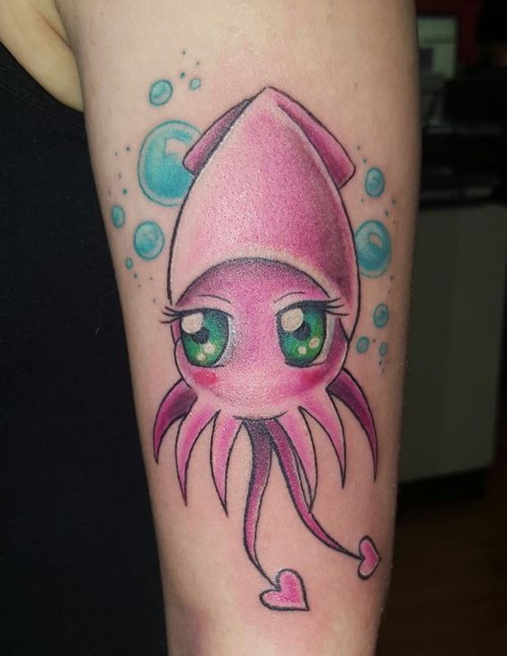 Pink Animated Squid Tattoo On Bicep