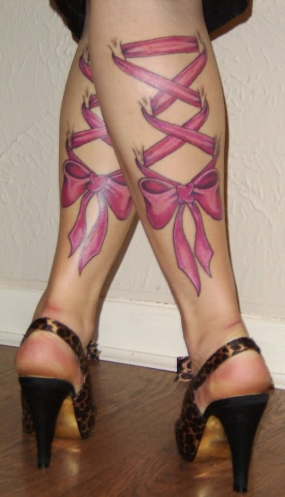 Pink Ink Corset Tattoo On Girl Both Leg Calf