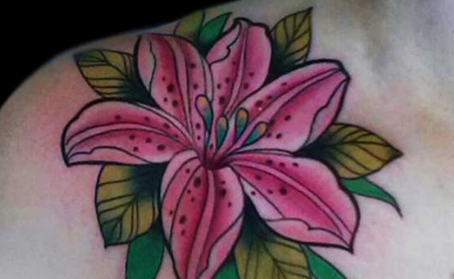 Pink Ink Dahlia Flowers Tattoo On Back Shoulder